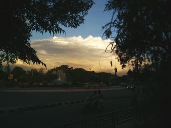 Silhouette trees by road against sky during sunset