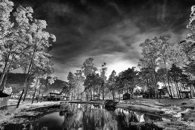 Scenic view of lake against sky in city