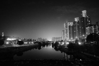 Reflection of illuminated buildings in water at night