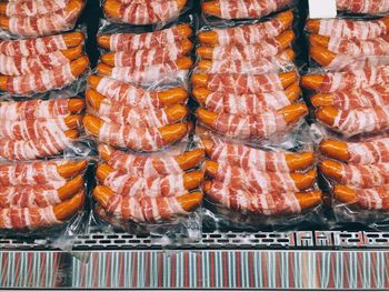 High angle view of sausages displayed at market