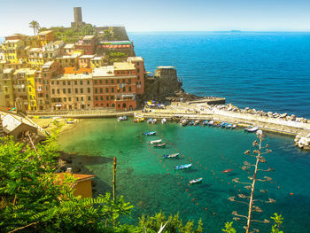 High angle view of residential district by sea at cinque terre