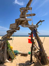 Traditional windmill on beach against sky