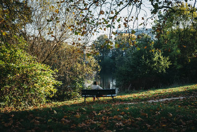 Unidentifiable woman sitting on a bench, relaxing by the pond in hampstead heath, london, uk. 