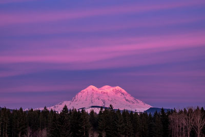 Scenic view of snowcapped mountains against sky during sunset