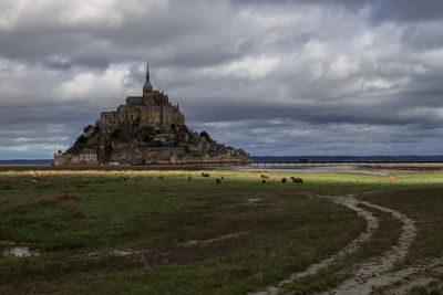 Scenic view of the mont saint michel with sheeps on the foreground