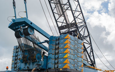 Low angle view of crane against sky