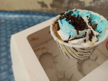 High angle view of ice cream on table