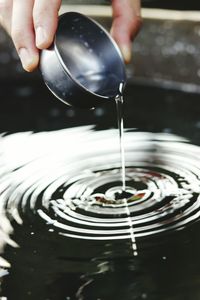 Cropped hand pouring water into container