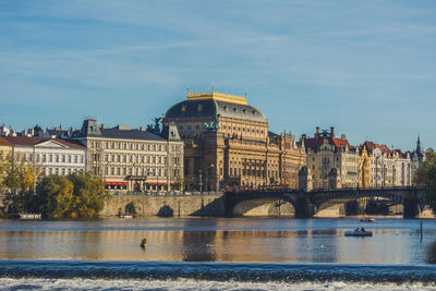 Bridge over river in city against blue sky