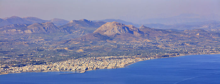 View of the city of corinth on the coast of the ionian sea, the sea promenade, 