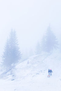 Rear view of people on snow field against sky