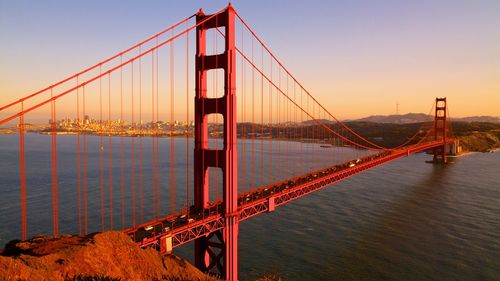 View of suspension bridge in city