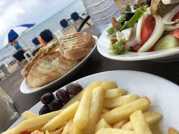 Close-up of food served on table