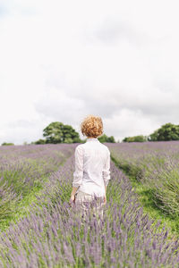 Rear view of woman standing in field of lavender