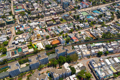 High angle view of street amidst buildings in city