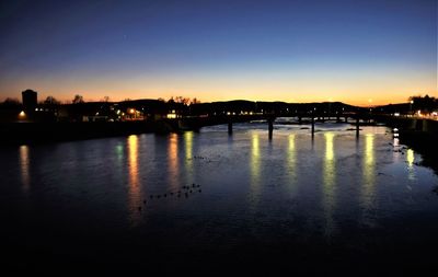 River by illuminated city against clear sky at sunset