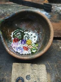 High angle view of soup in bowl on table