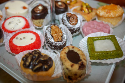 High angle view of dessert in tray