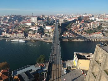 High angle view of river and cityscape against sky