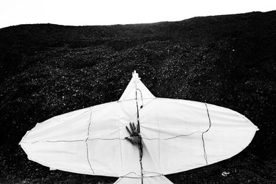 High angle view of wind turbines on land