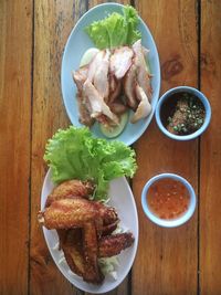 High angle view of meal served on table