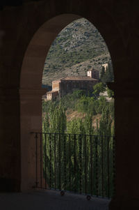 Trees and plants seen through arch of building