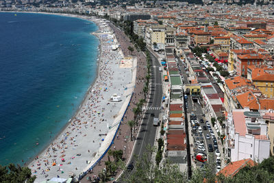 High angle view of street amidst buildings in city