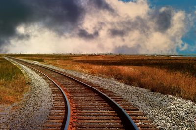 Railroad tracks on field against sky