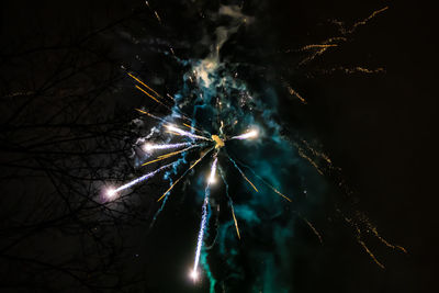 Low angle view of firework display at night