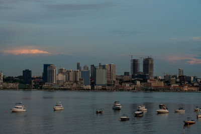 High angle view of city at sunset