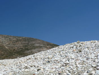 Rocks on landscape against clear blue sky