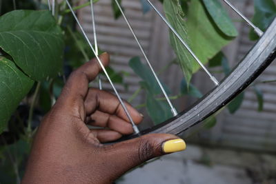 Close-up of hand holding bicycle wheel