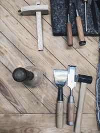 High angle view of objects on wooden table