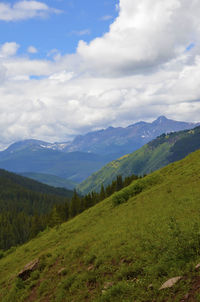 Scenic view of landscape and mountains against sky