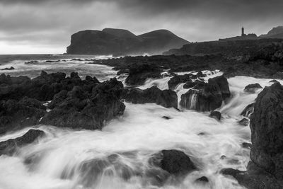 Beautiful rock structures at sunset in the coastline of island of faial in the azores