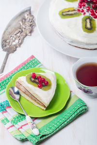 High angle view of cake served on table