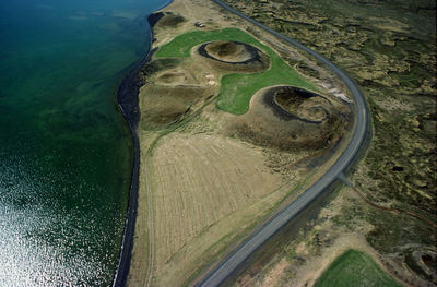 Aerial image of road passing volcanic craters at lake myvatn / iceland