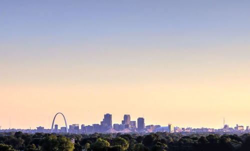 View of buildings against clear sky during sunset