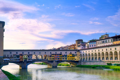 Bridge over river by buildings against sky