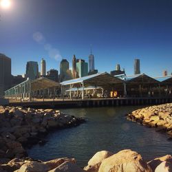 City buildings against blue sky