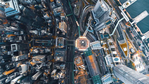 High angle view of illuminated buildings in city