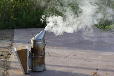 Smoke from bee smoker on footpath against plants
