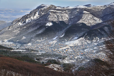 Aerial view of snowcapped mountains against sky