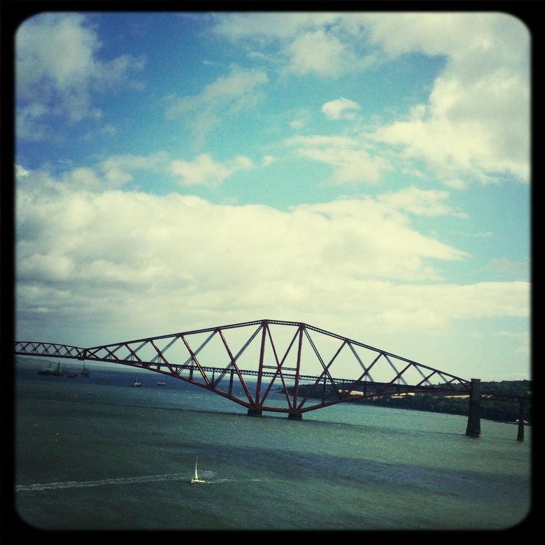 transfer print, sky, connection, bridge - man made structure, built structure, auto post production filter, architecture, cloud - sky, engineering, water, bridge, cloud, transportation, river, cloudy, outdoors, day, nature, no people, sea