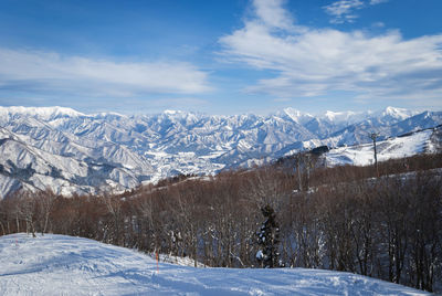 Scenic view of snow covered mountains against sky