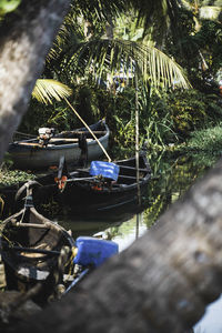 High angle view of boats moored in water