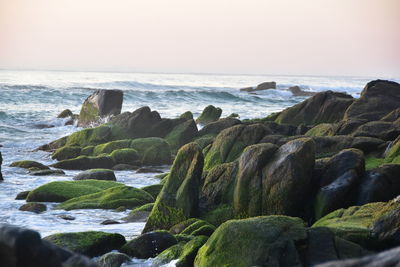 Rocks on sea shore against sky