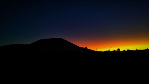 Scenic view of silhouette mountain against clear sky at sunset
