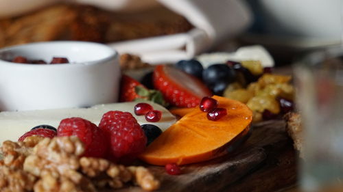 Close-up of breakfast served on table