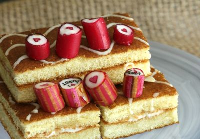 High angle view of cake in plate on table